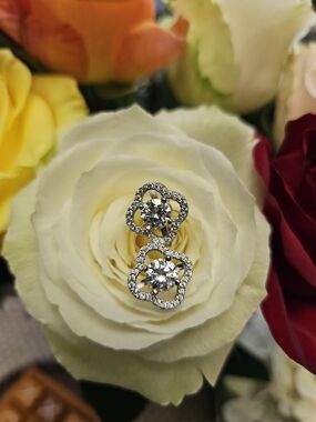 Silver Floral Halo Stud Earrings with Clear Moissanite 1 Ct